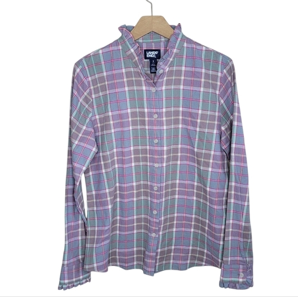 Lands' End | Pastel Purple Pink Green Plaid Flannel Shirt with Ruffle Details - Picture 1 of 6